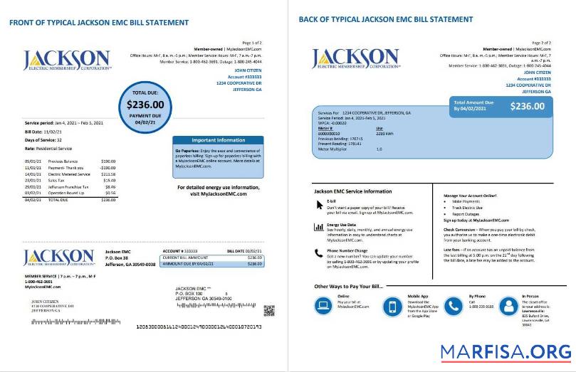 Blank USA Georgia JACKSON EMC utility bill template in Word and PDF format (2 pages)